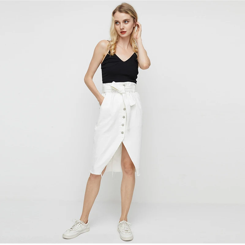 Falda vaquera asimétrica para mujer, cinturón elegante con cordones, botonadura única, abertura Midi, cintura alta, calle blanca, Verano