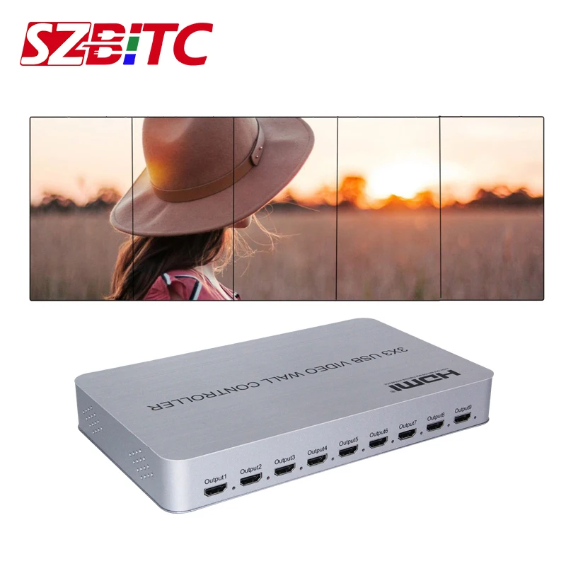 SZBITC 3x3 Video Wall Controller Image 360 Degrees Free Rotation and Splicing 4K 1 in 9 out Video Processor with Remote Control