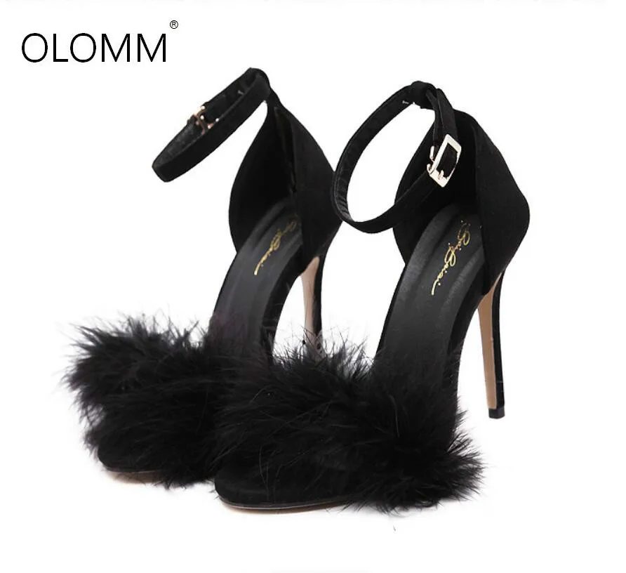 Fashion 11cm Heels Designers Summer Shoes Women Stiletto Sandalen Open Toe Fluff Strappy Thin High Heels Lace Up Fur Sandals