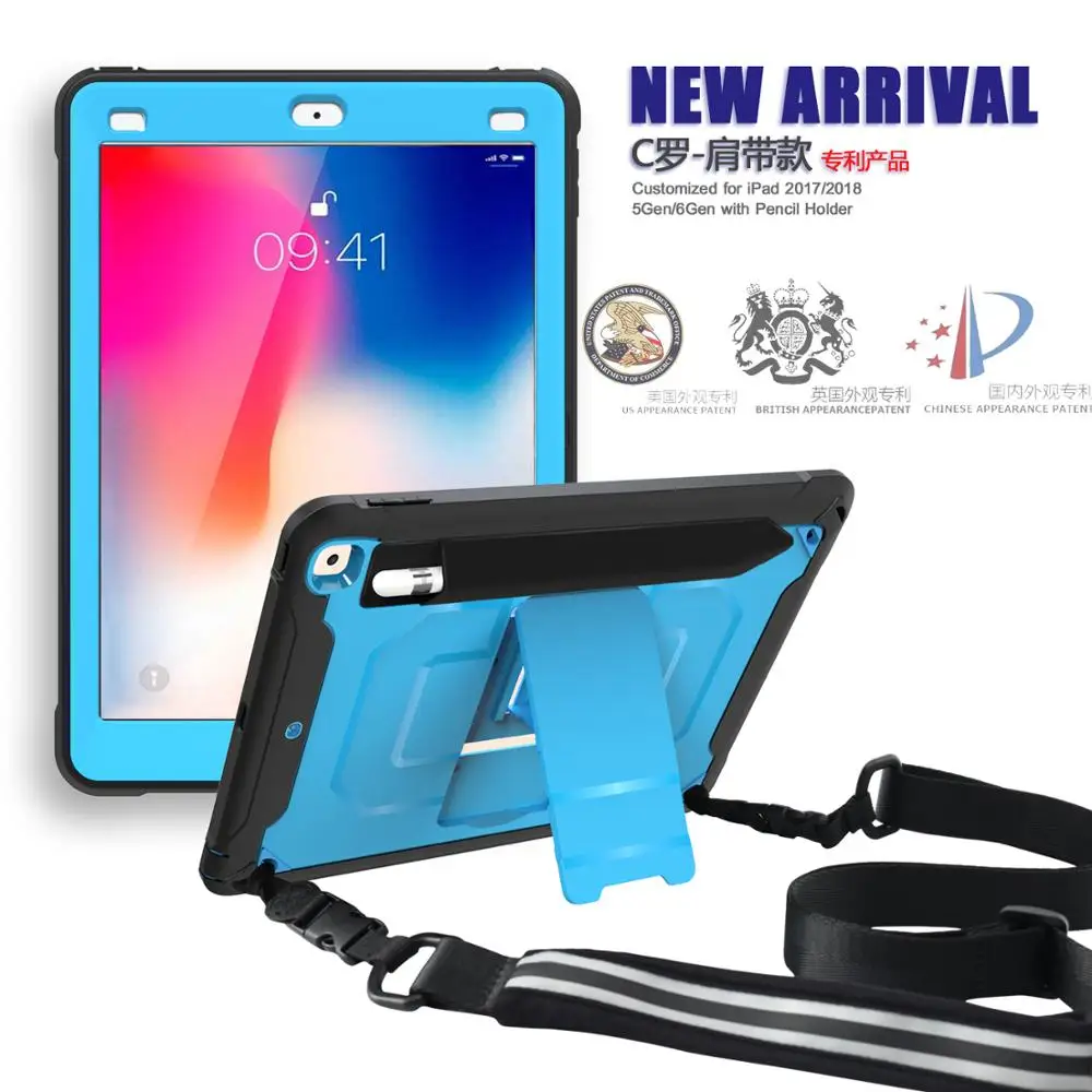 For iPad 9.7 2018 2017 Case Heavy Duty Shockproof Silicone Strap Stand Case for iPad 5th 6th A1893 A1822 A1954 Case Funda