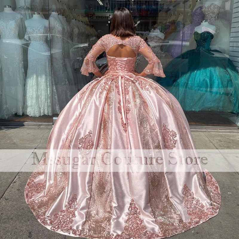 فساتين Quinceanera مذهلة مزخرفة بأكمام طويلة فستان المشاهير الحلو 16 Vestidos De 15 Anos 2021