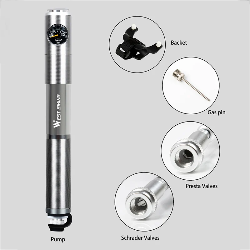 WEST BIKING Mini Bike Hand Pump with Gauge 120 -300 PSI Aluminium Alloy Presta Schrader Valve Cycling High Pressure Bicycle Pump