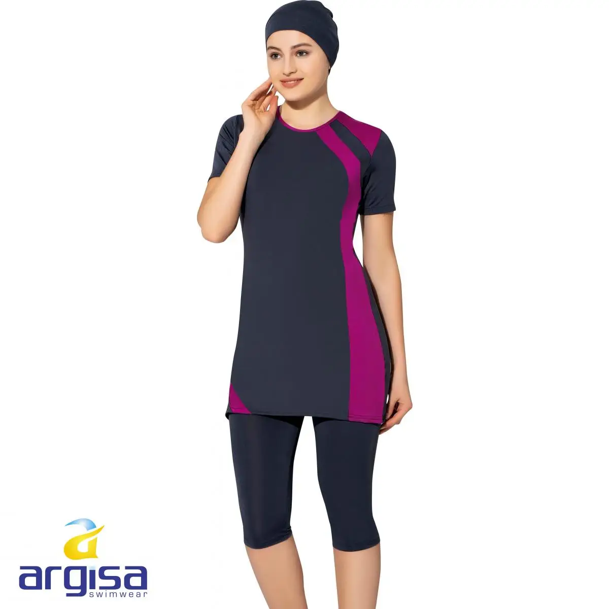 Argisa 7520 Half Sleeve Piece Semi Burkini Muslim Swimwear 36-52 Plus Size Hijab Islamic Swimsuit Fashion Turkey Women Cover