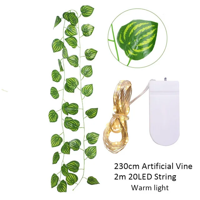 2,3 m Seidenblätter, gefälschte Creeper, grünes Blatt, Efeu-Rebe, 2 m, LED-Lichterkette für Zuhause, Hochzeit, Party, Hängegirlande, künstliche Blume – Detail 23