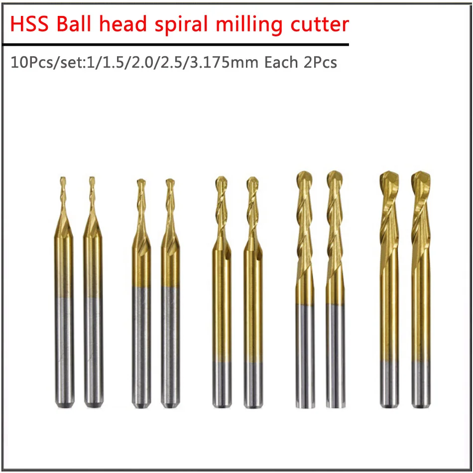 10 buah set 1 1.5 2, 2.5 3.175mm HSS kepala bola spiral milling cutter, mesin ukiran titanium berlapis bola milling cutter