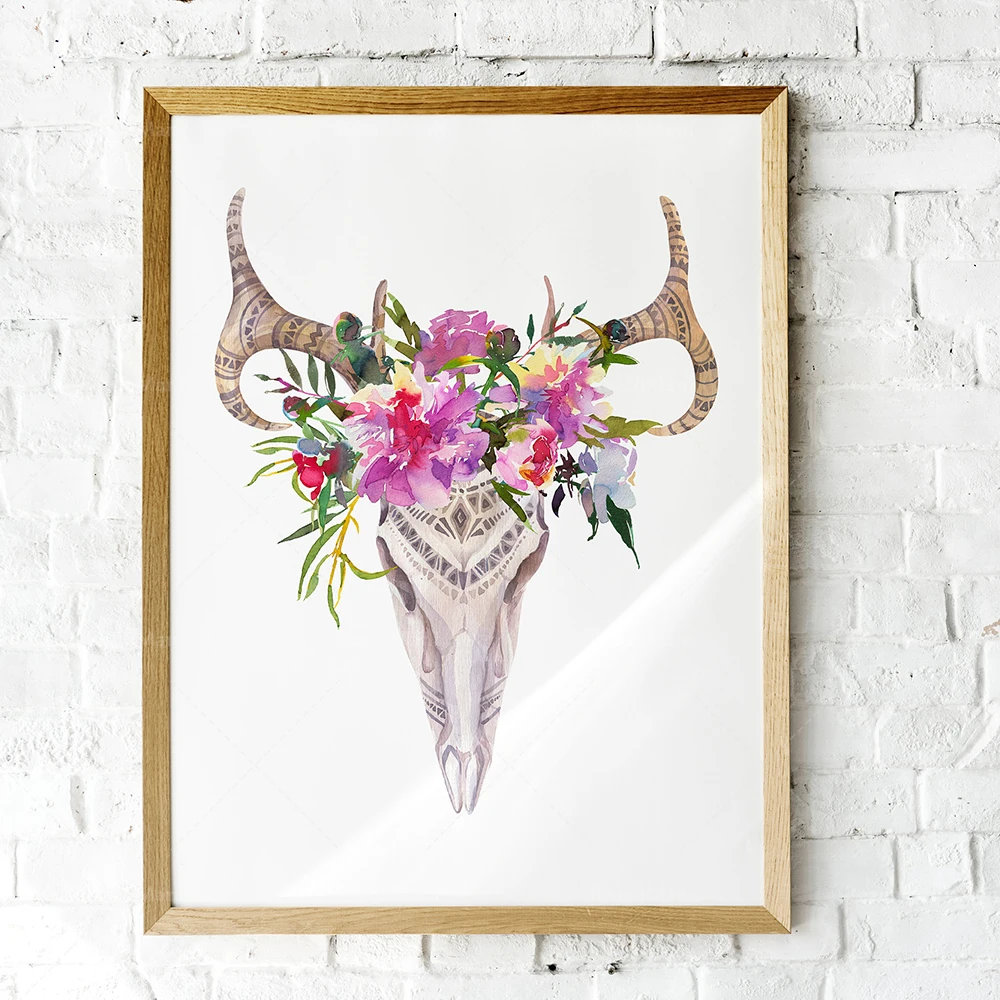 Watercolor flower skull print bohemian cactus print watercolor bull skull print cactus bull skull art bohemian skull print bohem