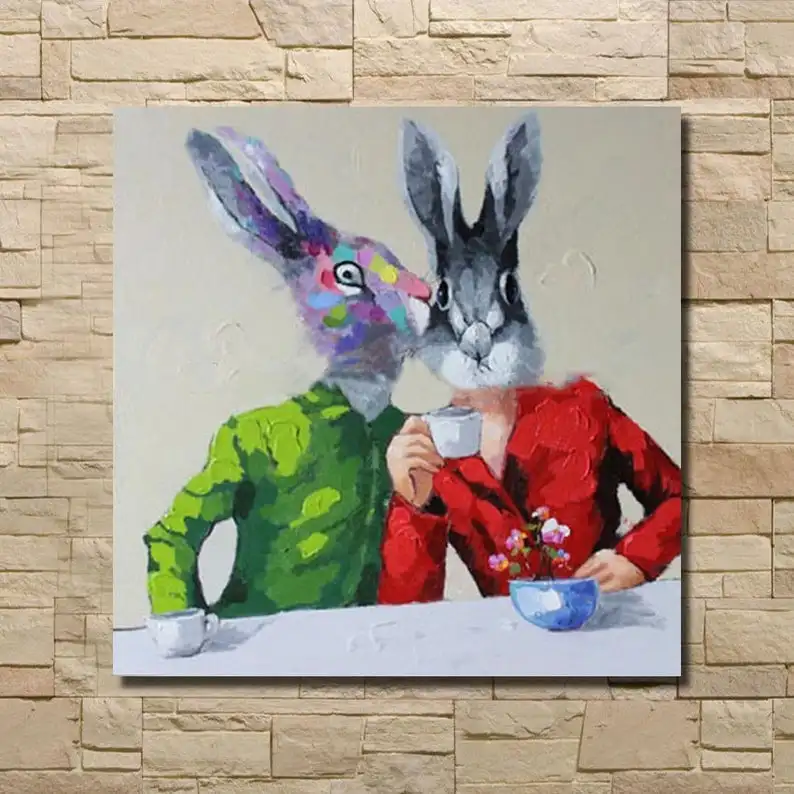 Funny Rabbit Drink Coffe Painting On Canvas Abstract Animal Arylic Painting Green And Red Rabbit Cartoon Painting Wall Art Decor