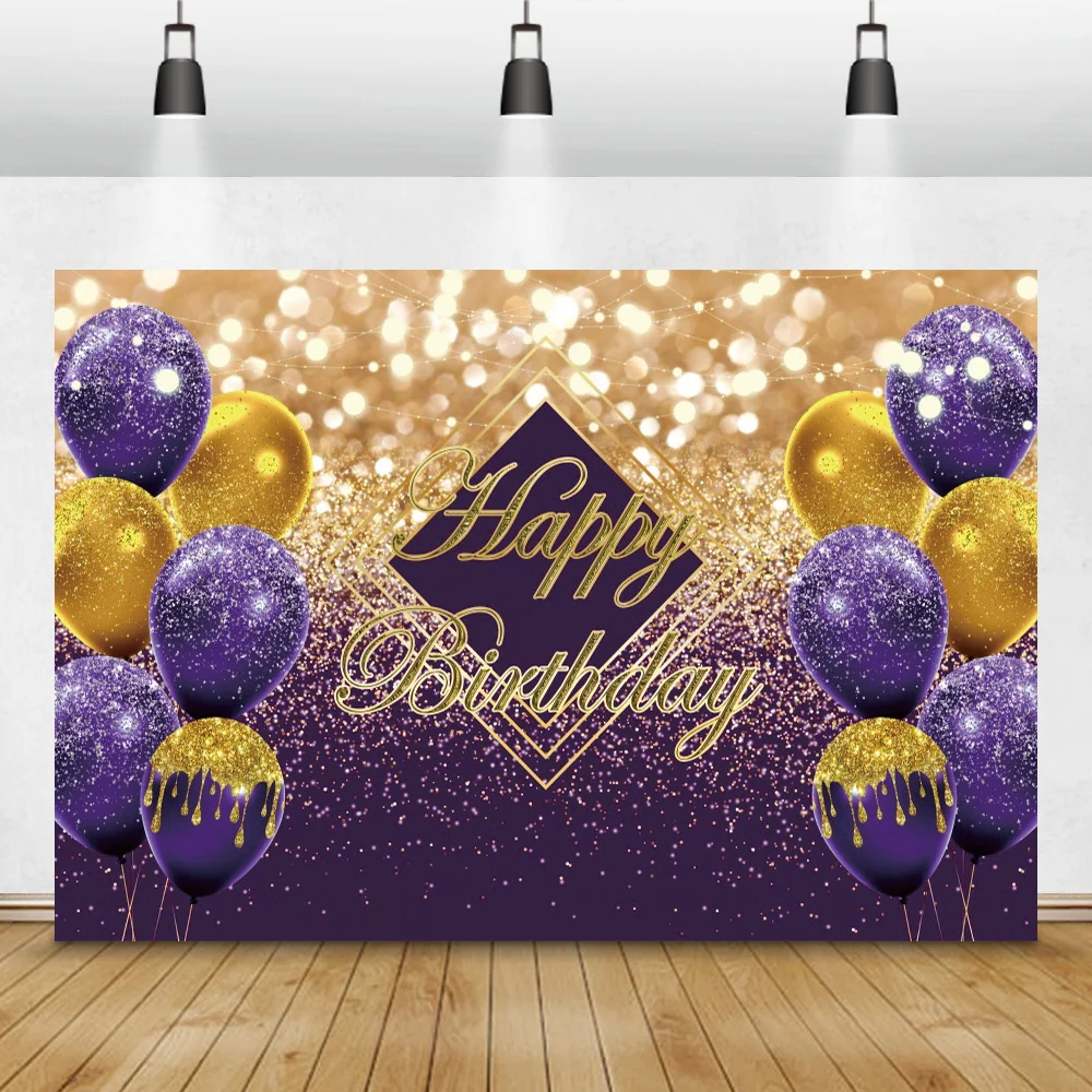 

Purple Glitters Golden Happy Birthday Light Bokeh Photography Backdrop Portrait Custom Family Party Photocall Background Poster