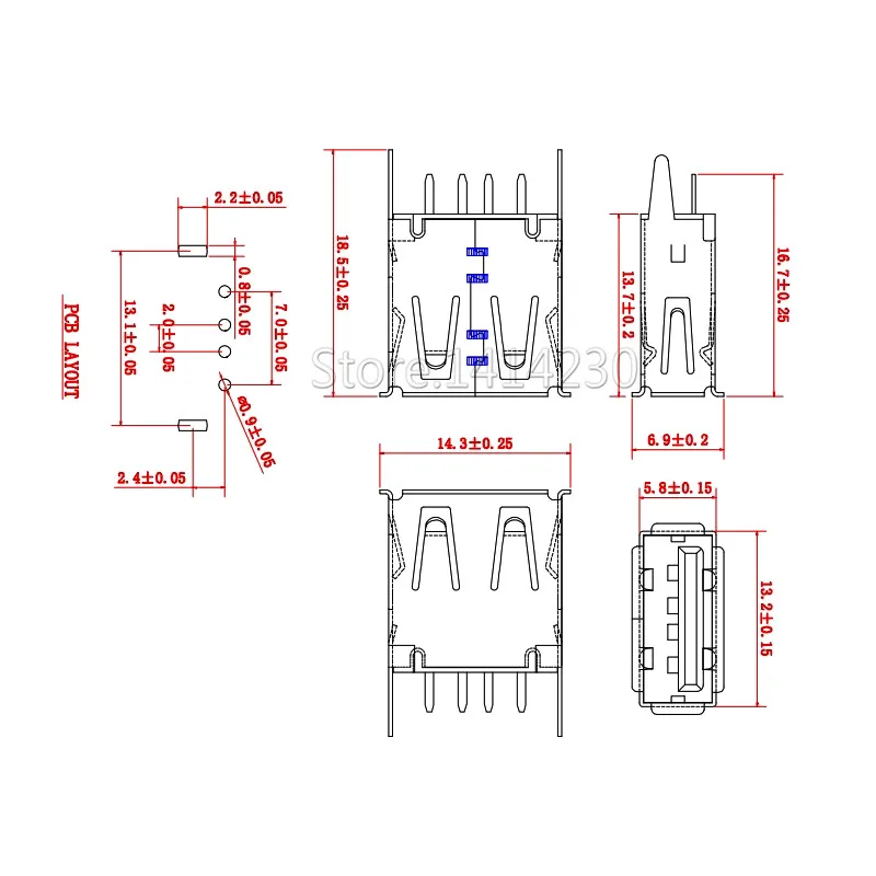 10Pcs USB Type A Female Socket 180 Degrees Vertical 4pins USB Interface