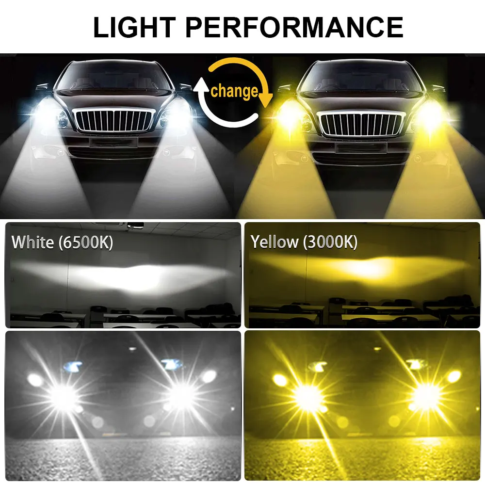 BraveWAY 3000K + 6500K H1 Led Bulbs H7 Led Light Dual Color Headlight Bulb 12V 10000LM 9005 HB3 LED Fog Lamps