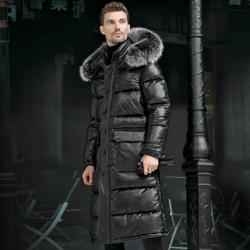 Minus 40 degrees Celsius Warm Top Layer Cowhide Genuine Leather Jacket Men X-Long Duck Down Leather Coat Real Fur Hooded Coats