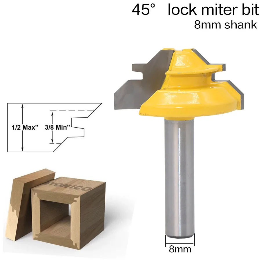 1Pc 45 Degree Lock Miter Router Bit 8Inch Shank Woodworking Tenon Milling Cutter Tool Drilling Milling For Wood Carbide Alloy