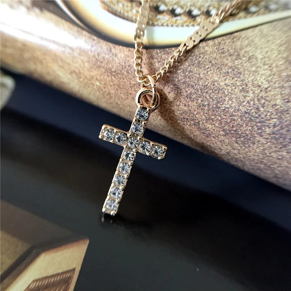 Lovely Gold Color Plating Clear Stone Decorated Cross Pendant Layered Necklace For Women Girl Elegant Gorgeous Jewelry Accessory