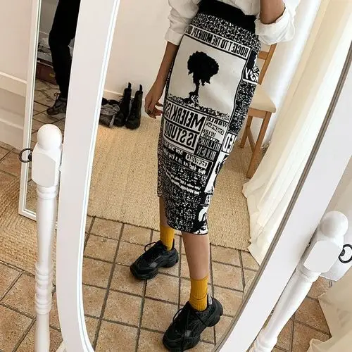 CHEERART Knitted Skirt Women Winter Newspaper Print Wrap Sweater Skirt Elastic High Waist Warm Ladies Skirt Knee Length 2019