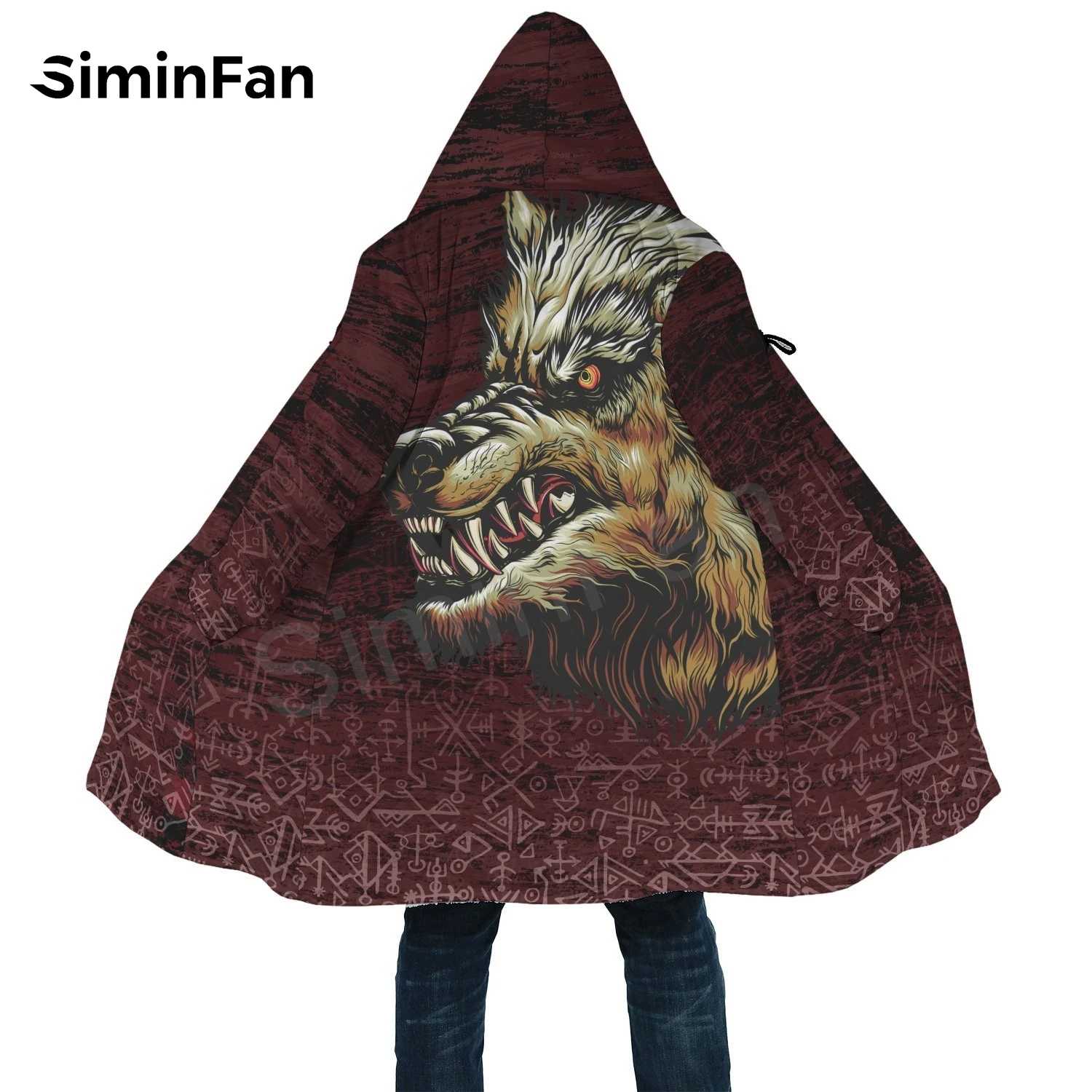 Viking Fenrir Wolf Tattoo 3D Print Mens Hooded Cloak Windbreaker Winter Thick Flannel Coat Unisex Casual Cashmere Warm Jacket 03