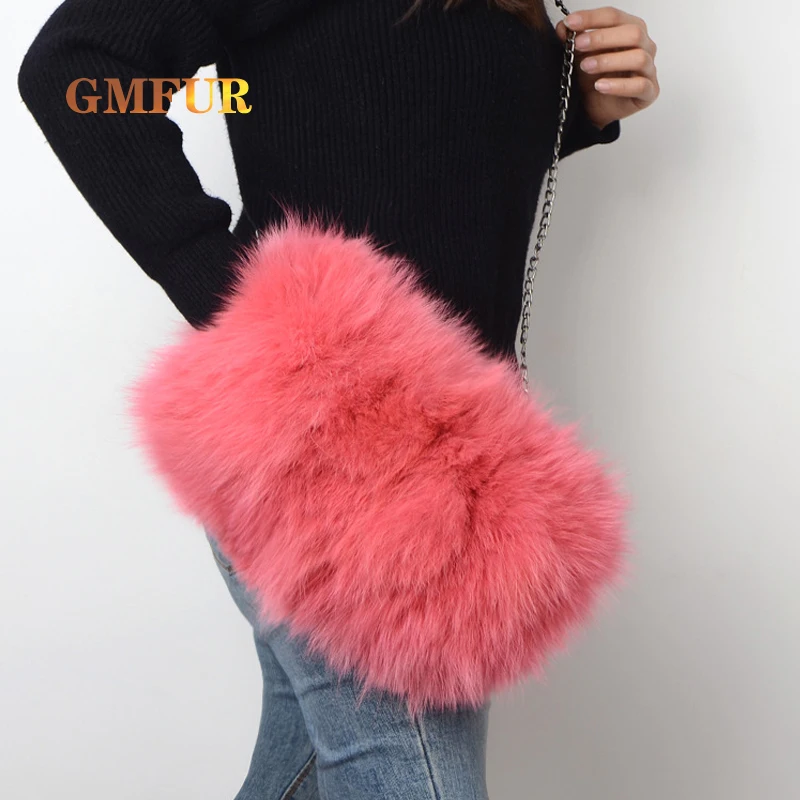 100% Real Fox Fur Hand Warmer Bag Winter New Ladies Authentic Fluffy Cute Brand Chain Shoulder Bag Fashion Luxury Handbag Women