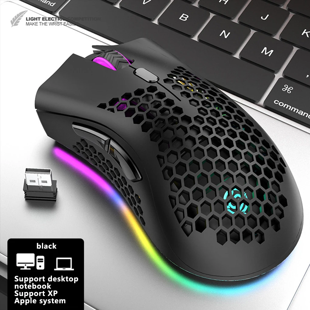 Gaming Mouse Wireless Hollow Game Mouse Adjustable Rechargeable Computer Accessory with RGB Light, Pink