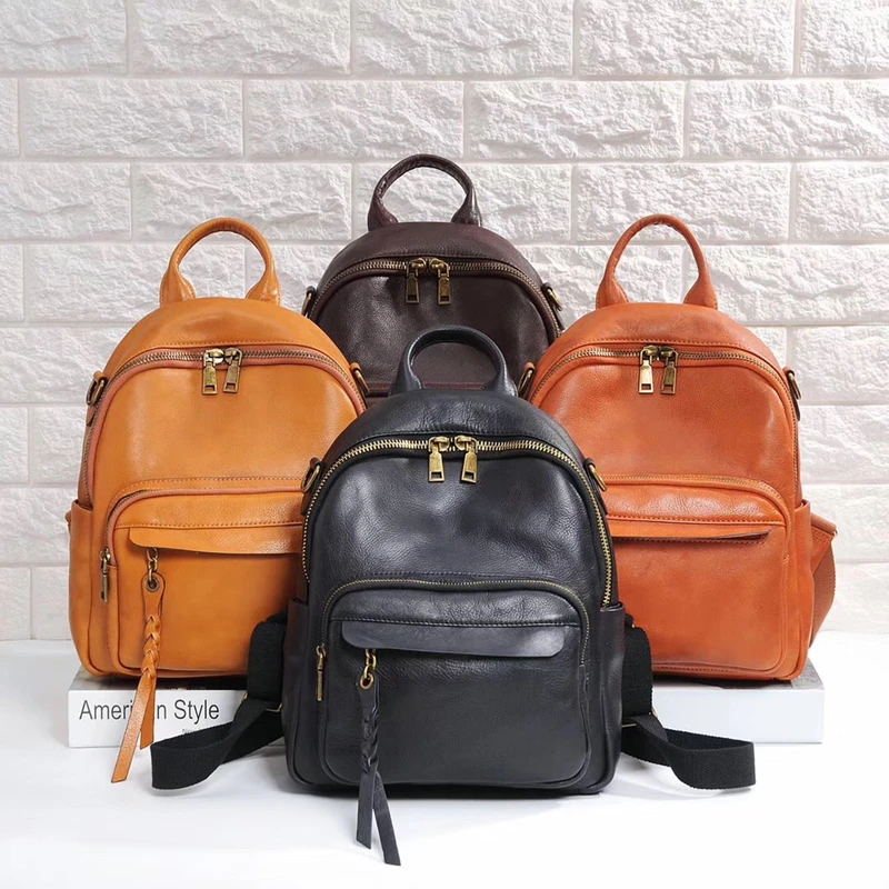 Nesitu High Quality New Coffee Yellow Orange Black Genuine Leather Women\'s Backpack Cowhide Girl Female Shoulder Bag Lady M9898