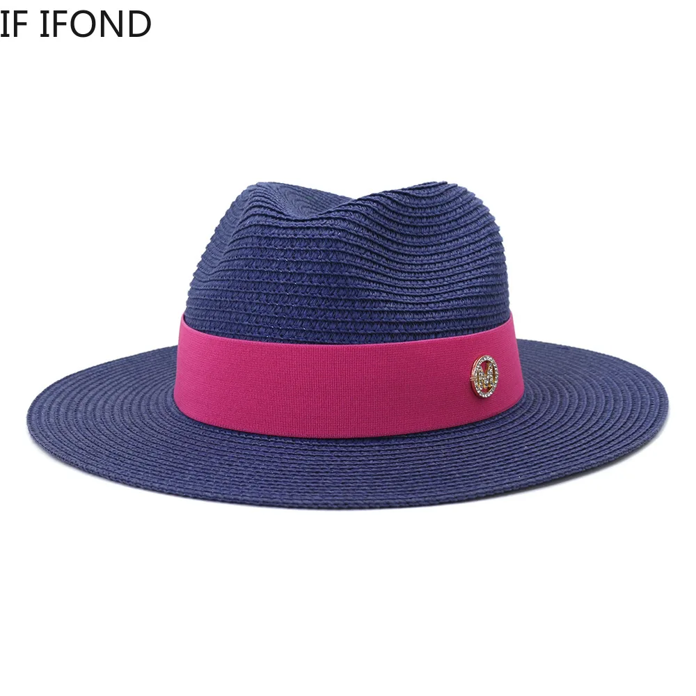 2021 New Luxury Straw Beach Hat For Women Summer Panama Cap Fashion M Letter Ribbon Sun Protection Visor Hats