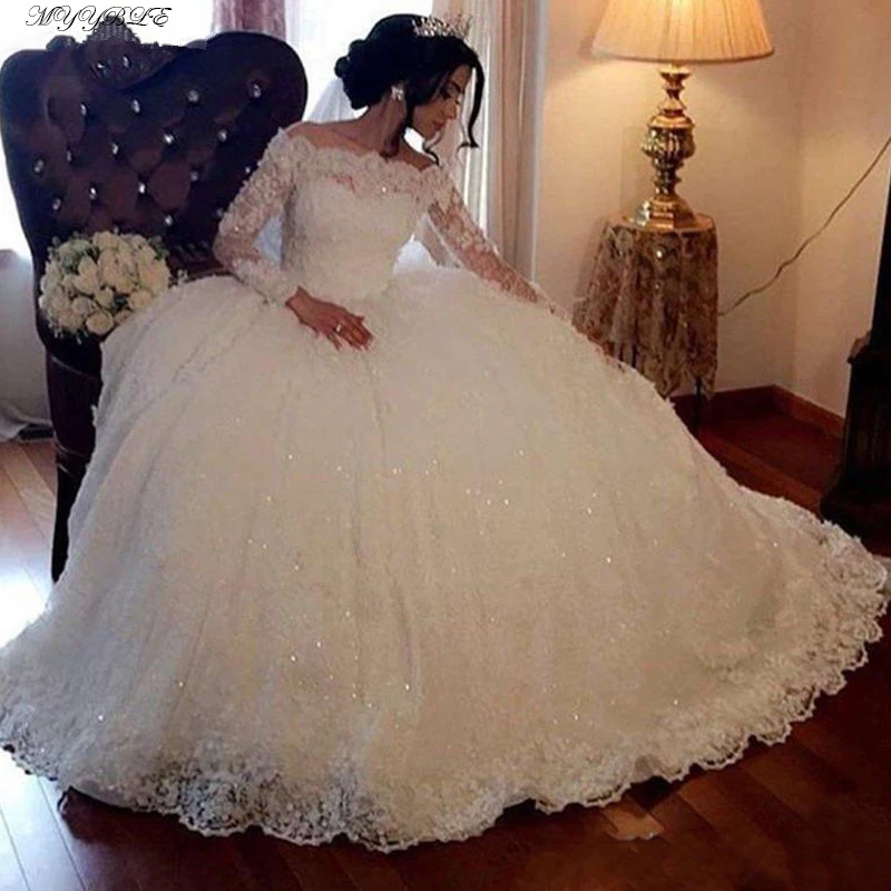 2021 manga longa rendas vestidos de casamento vestido de baile tule plus size fora do ombro noiva nupcial weding capina vestidos de casamento