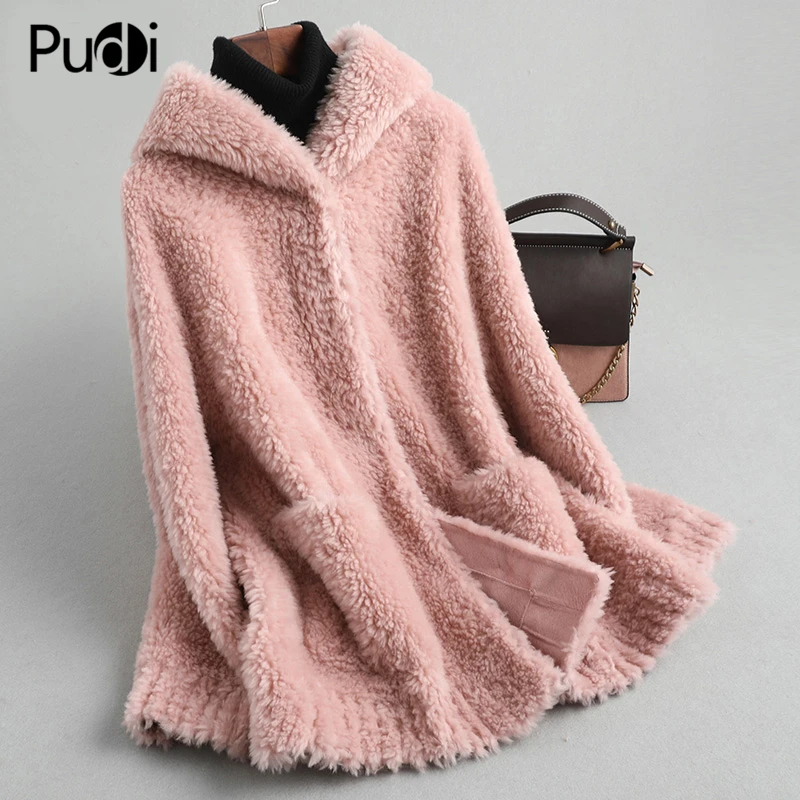 PUDI ผู้หญิงฤดูหนาวขนสัตว์จริงขนเสื้อแจ็คเก็ตหญิงสาวแกะ Hooded เสื้อโค้ท Lady Fur Parka Jacket เสื้อกันหนาว A59428