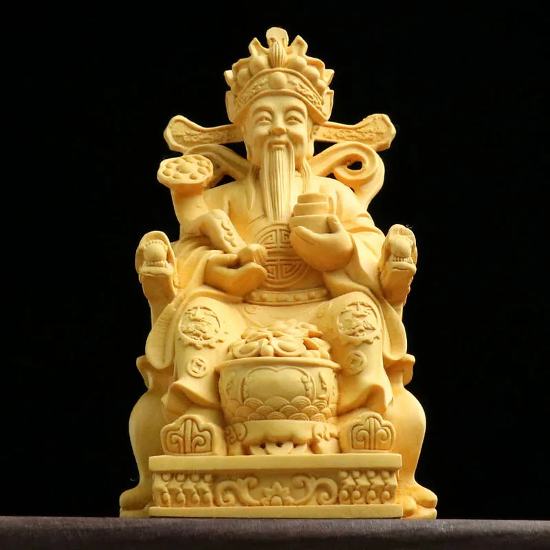 Yellow wood carving God of Wealth ornaments characters carving God of Wealth craft household decorations opening gift collection