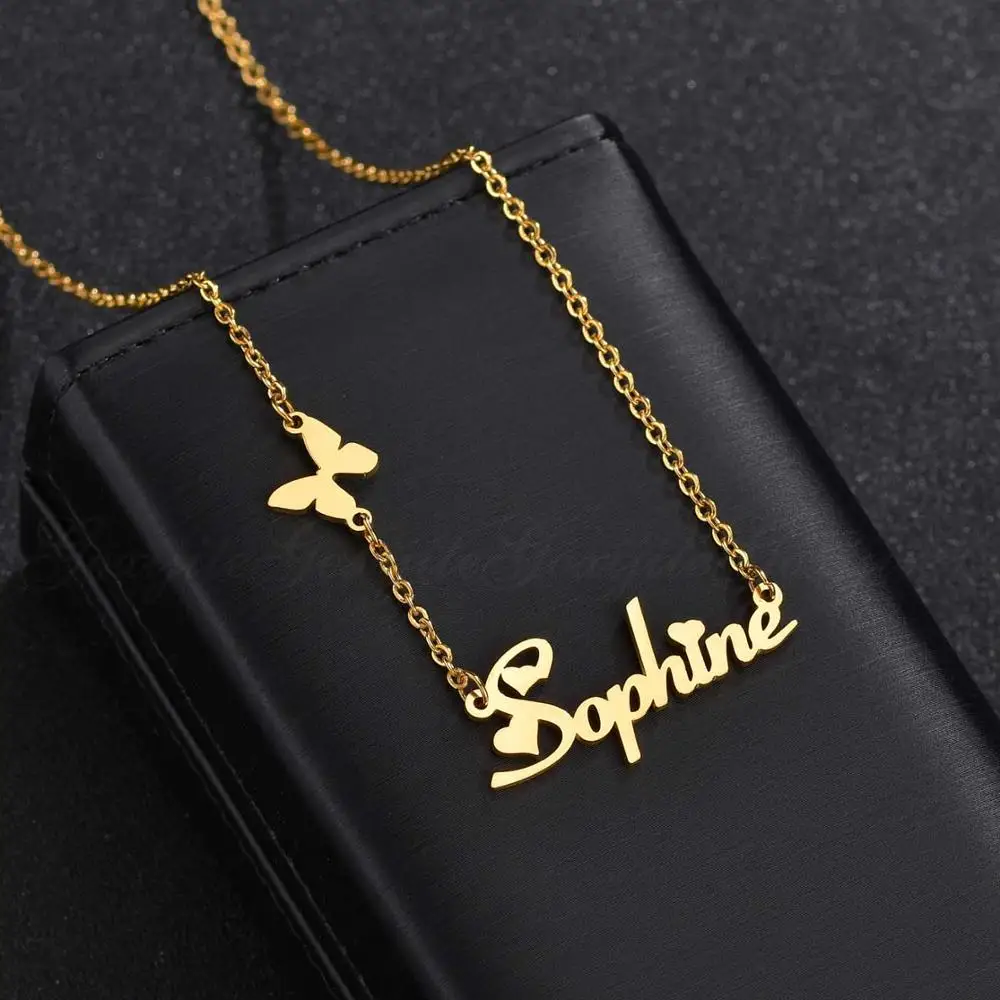 Goxijite Fashion Custom Stainless Steel Name Necklace With Butterfly For Women Personalized Letter Gold Color Necklace Gift