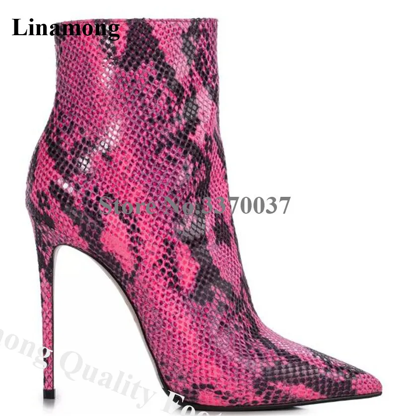 

Linamong Sexy Pointed Toe Snake Leather Stiletto Heel Short Boots Zipper-up High Heel Ankle Booties Customize Colors Shoes