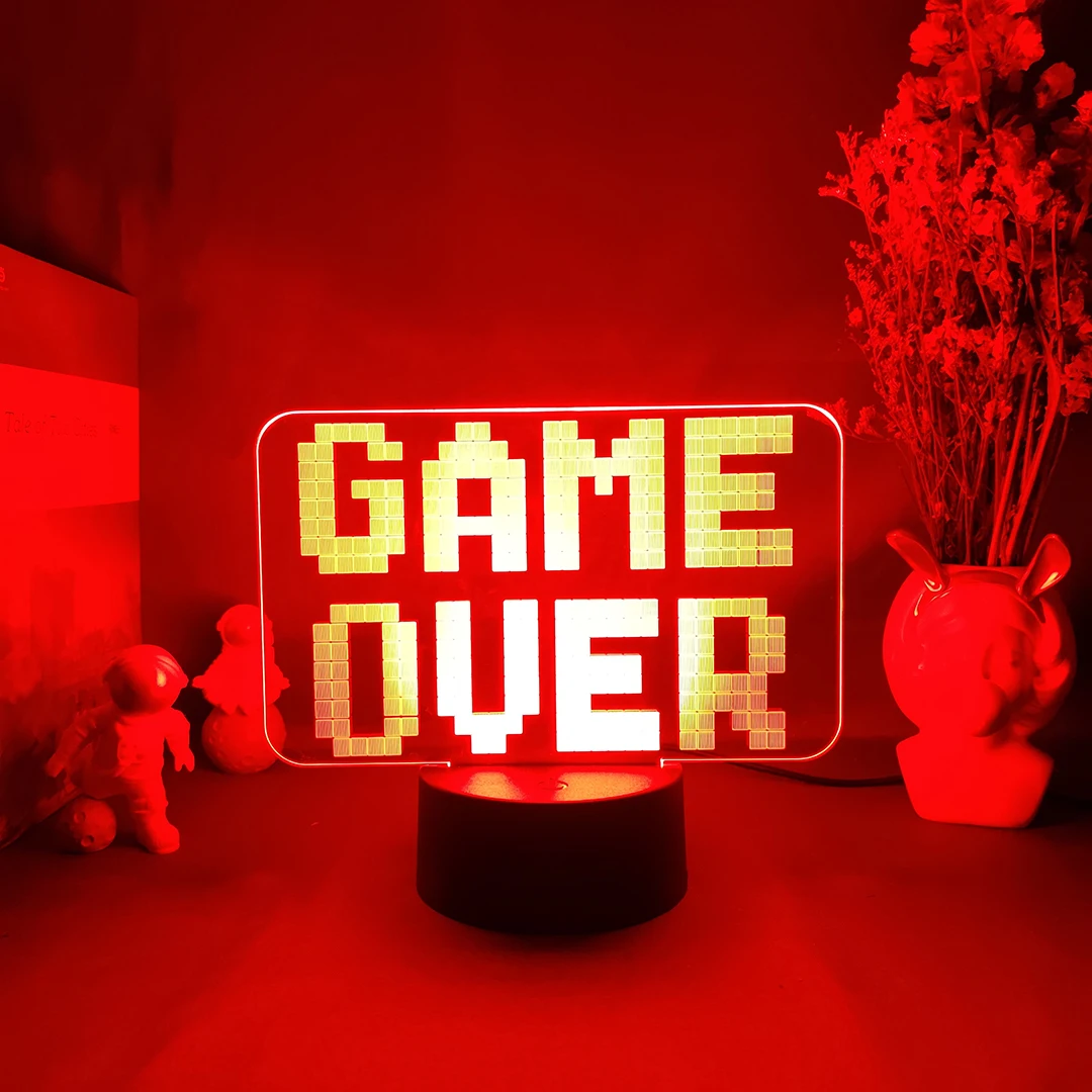 3D LED Light GAME OVER Sign Acrylic Illusion Night Lamp RGB Flashing Cool Gift Desktop Setup Computer Backlight Room Decoration