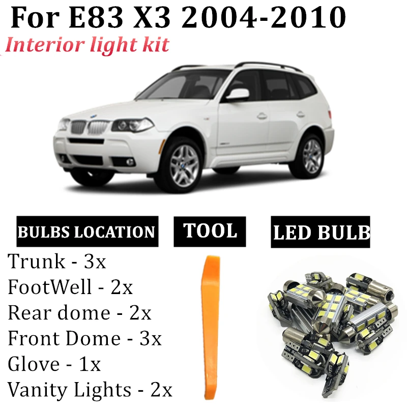 

13x внутренний светодиодный светильник, Лампы Canbus, набор для BMW X3 E83, аксессуары 2004-2010, карта, купол, шаг, багажник, светильник, лампа