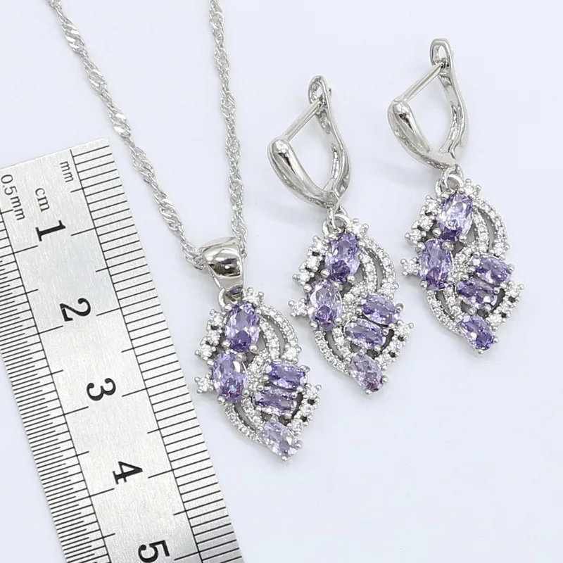 Dubai Jewelry Sets for Women Wedding Purple Amethyst Necklace Pendant Earrings Ring Bracelet Gift Box