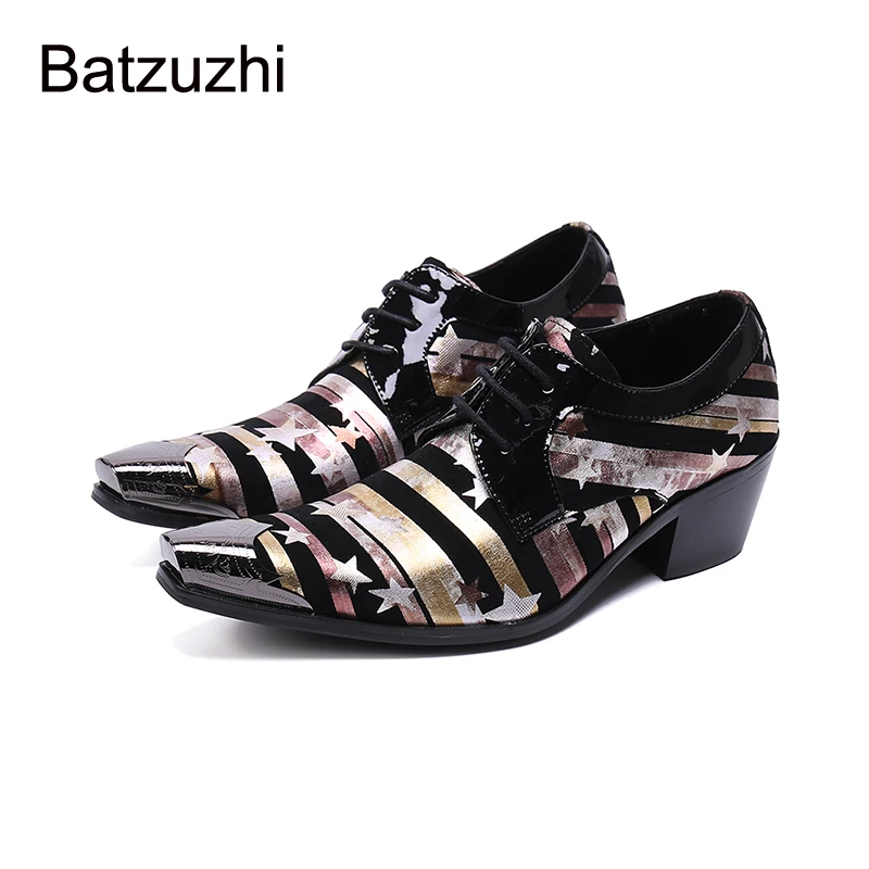 

Batzuzhi New Design Men's Shoes Pointed Iron Toe Genuine Leather Dress Shoes Men Lace-up with Stars Party & Wedding Shoes Men!