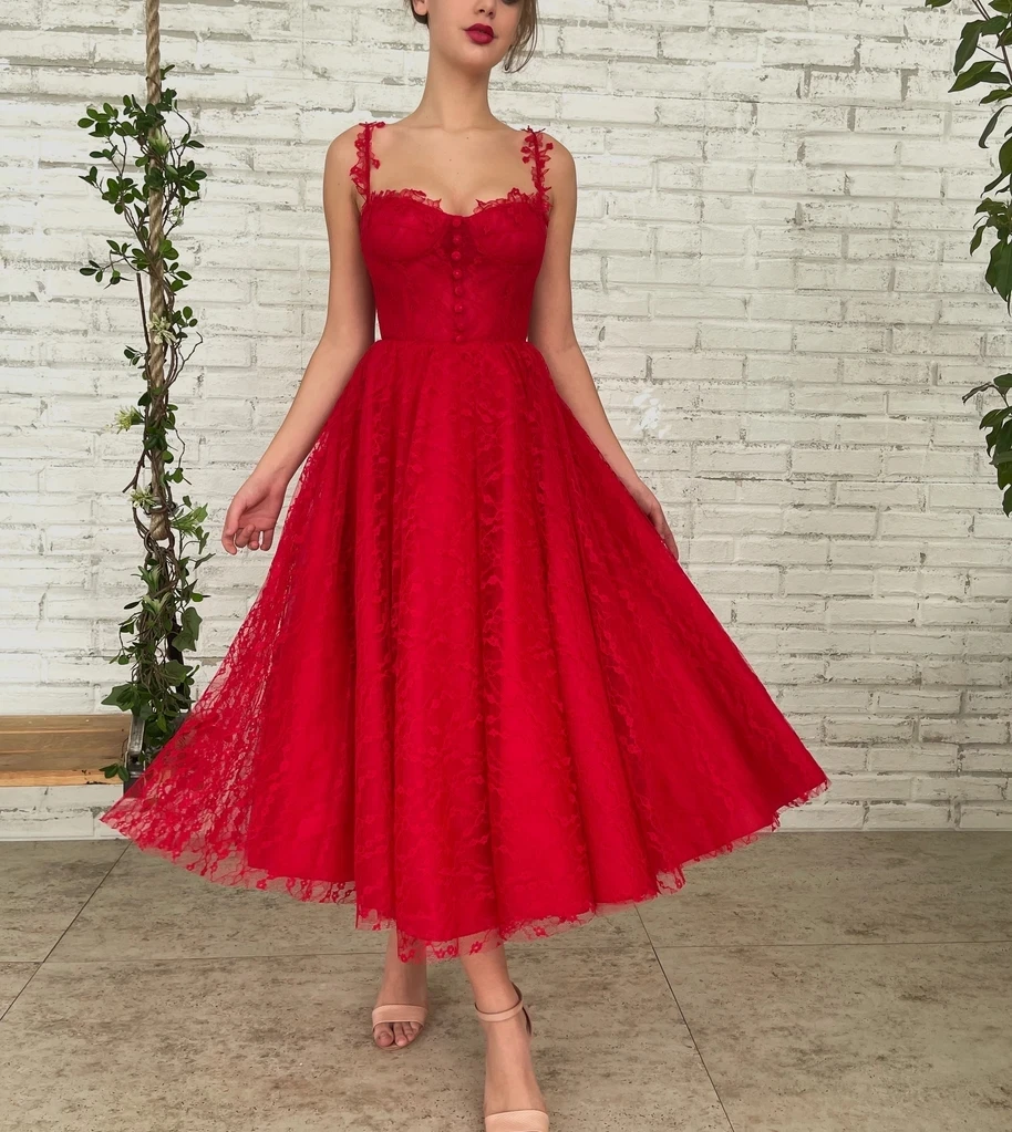 

Red Moroccan Prom Dresses A-line Spagheeti Straps Tea Length Lace Sexy Teuta Robe De Soiree Prom Gown Mato Evening Dresses Shi