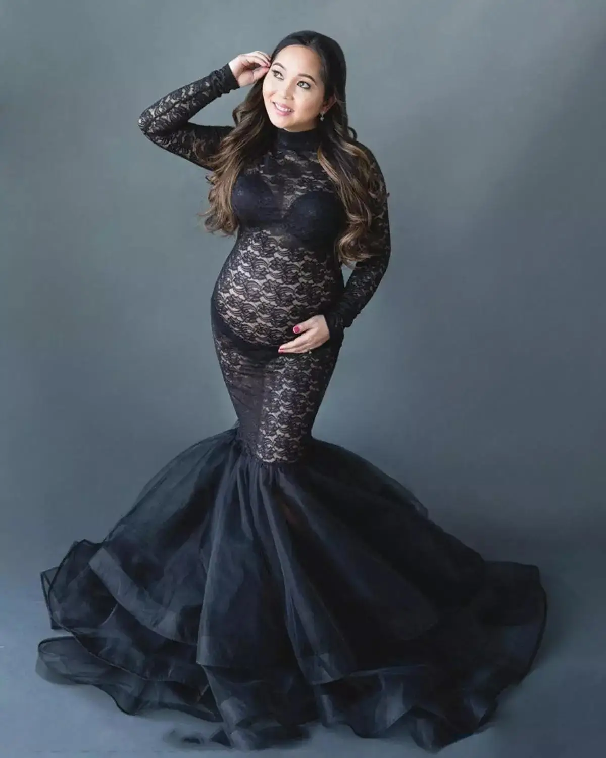 Robe Maxi en Dentelle Noire à Col Roulé pour Femme Enceinte, Tenue de Grossesse à Manches sulfpour Séance Photo