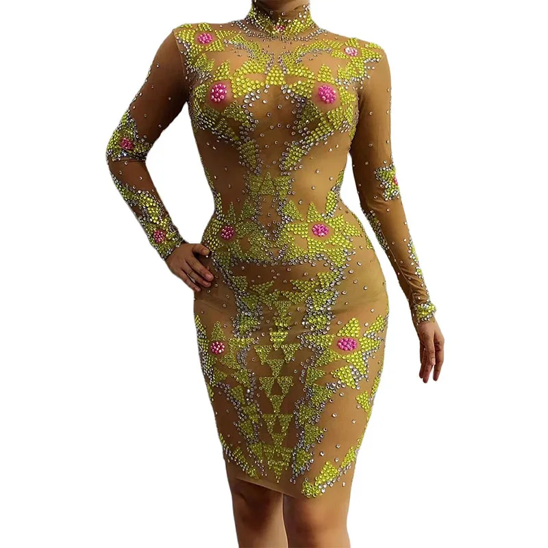 

Women Sexy Yellow Silver Rhinestone Transparent Short Dress Birthday Celebrate Prom Mesh Clothes Evening Dancer Show Host Dress