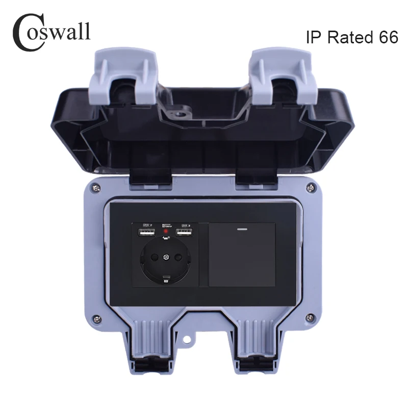 Coswall IP66 Waterproof Outdoor EU Standard Wall Socket With 2 USB Charging Port + 1 Gang 1 Way On / Off Light Switch