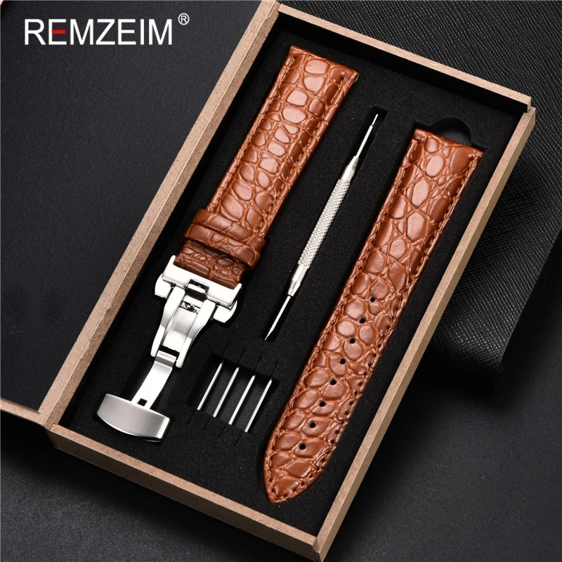 Crocodile Pattern Leather Watch Straps Stainless Steel Butterfly Buckle 18mm 20mm 22mm 24mm Business Watchband With Gift box