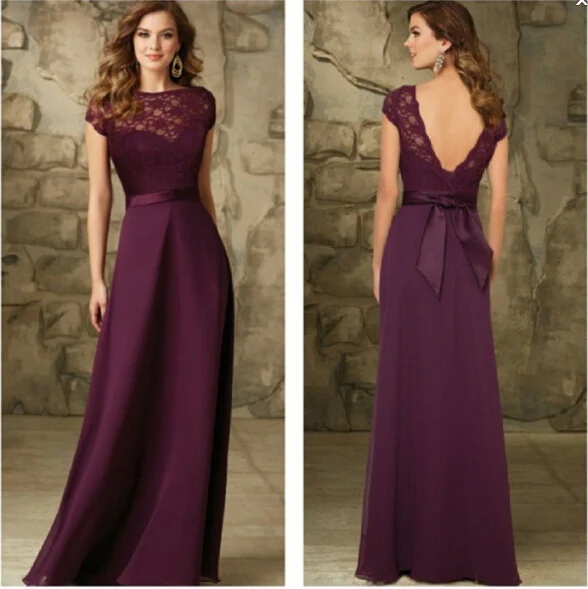 Beautiful purple cap short sleeve backless party prom gown custom made vestidos de festa robe de soiree bridesmaid dresses