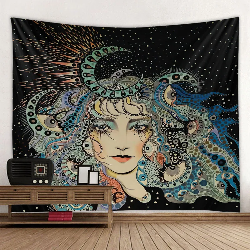 الشمال فتاة الموضة نسيج آرت ديكو بطانية معلقة غرفة نوم غرفة المعيشة الديكور غامض ماندالا البوهيمي القمر فتاة