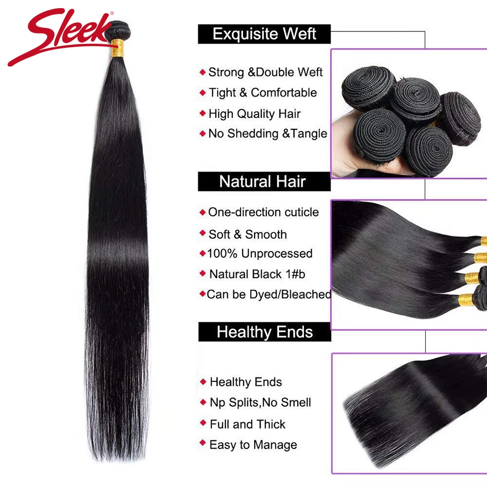 Sleek Straight Brazilian Hair Weave Bundles Deal Human Hair Extension 8 To 40 Inch  Remy 1/3/4 X Real Protein Human Hair Bundles