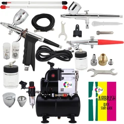 OPHIR 3 Airbrush Kit & Professionelle Spray Luft Pinsel mit Kompressor & Tank für Tattoo Handwerk Hobby Modell Farbe AC116 + 004A + 050 + 069