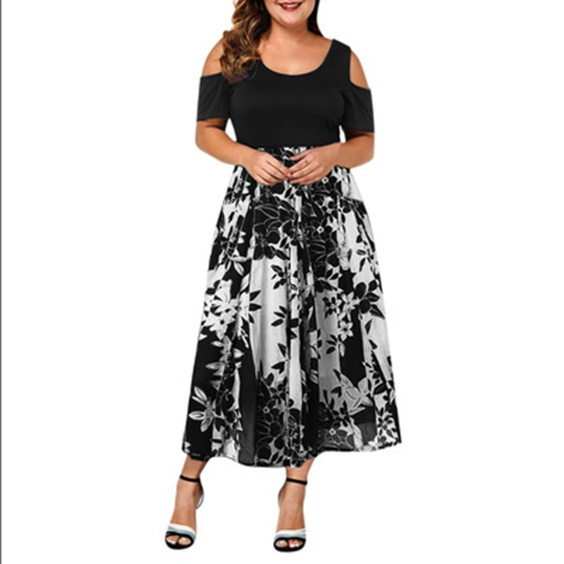 Women's Round Neck Off Shoulder Hollow Short Sleeve Printed Elastic Waist Dress, Summer Fashion, New, Large Size, image 6