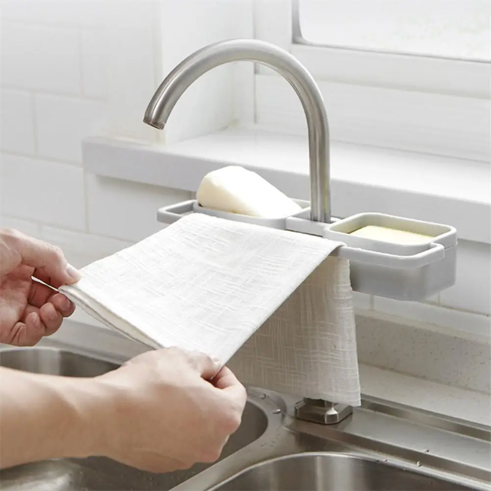 Kitchen Sink Faucet Holder Sponge Soap Cloth Storage Organizer No Drills Multi-functional Storage Drain Rack Shelf