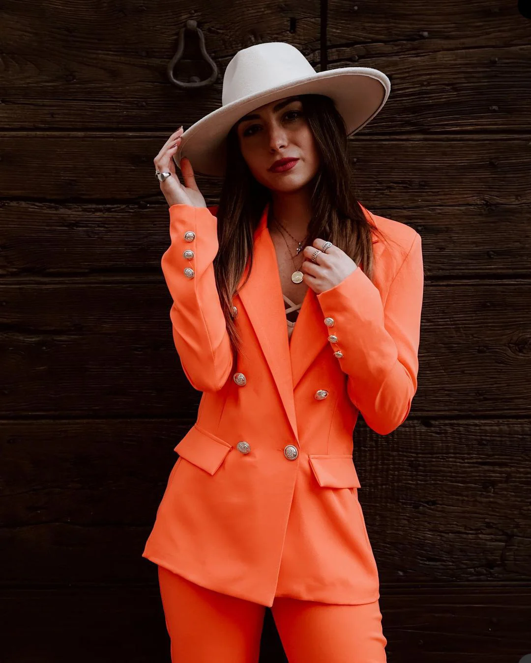 Vintage Orange Women Suits 2 Pieces Daily Double Breasted Peaked Lapel Pocket Jacket Custom Made Blazer