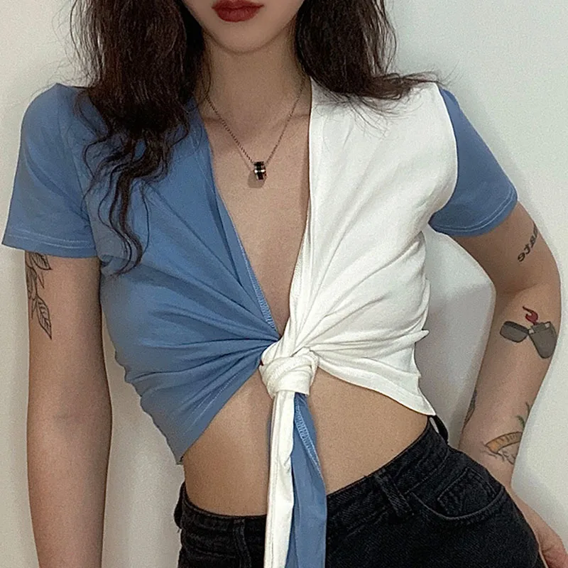 

Beach Wear Women Tshirts Woman 2021 Summer New INS Bandage Top For Girl Tight Short Tops Color Contrast Splicing Tees Sexy KPOP