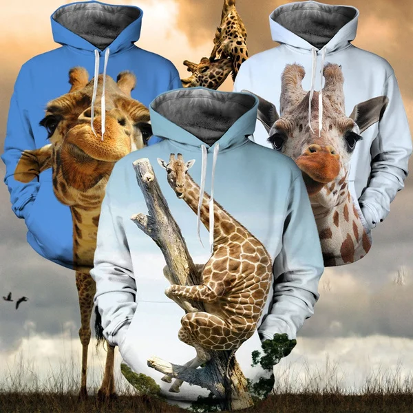 

Autumn New Fashion Couple Hoodie Cute and Funny Funny Giraffe 3D Printing Men's Round Neck Hoodie Tops
