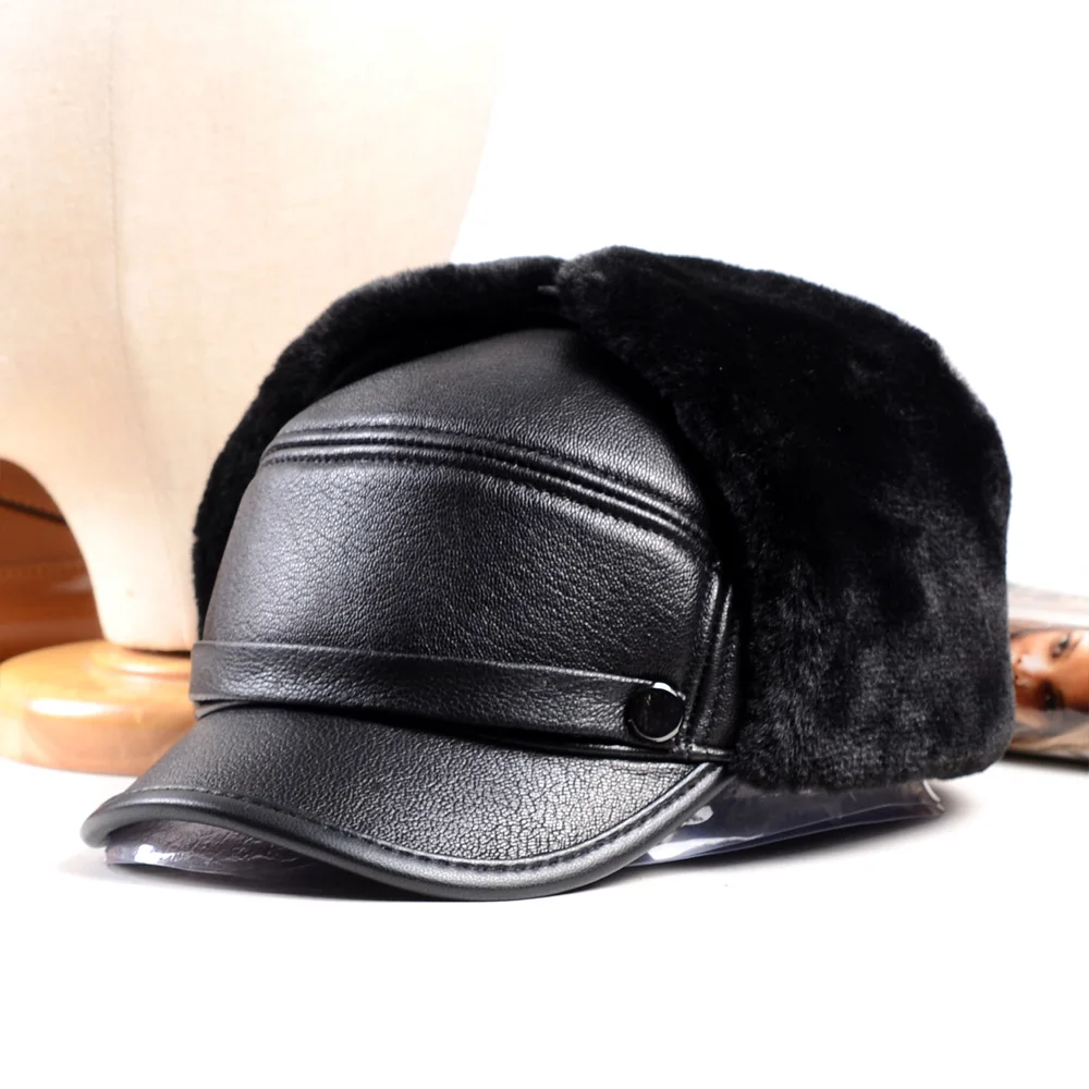 Men's Real Leather Winter Warm Earmuff Ear Flap Bomber Trapper Russia  Hunting Trucker Hats/Caps