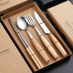 New Steel Wooden Handle Tableware Set Spoon Chopsticks Knife Fork Gift Set