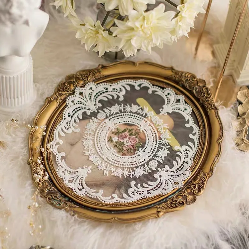 28CM White Beige Lace Embroidery Table Place Mat Round Pad Cloth Placemat Cup Mug Cookware Coaster Napkin Doily Kitchen