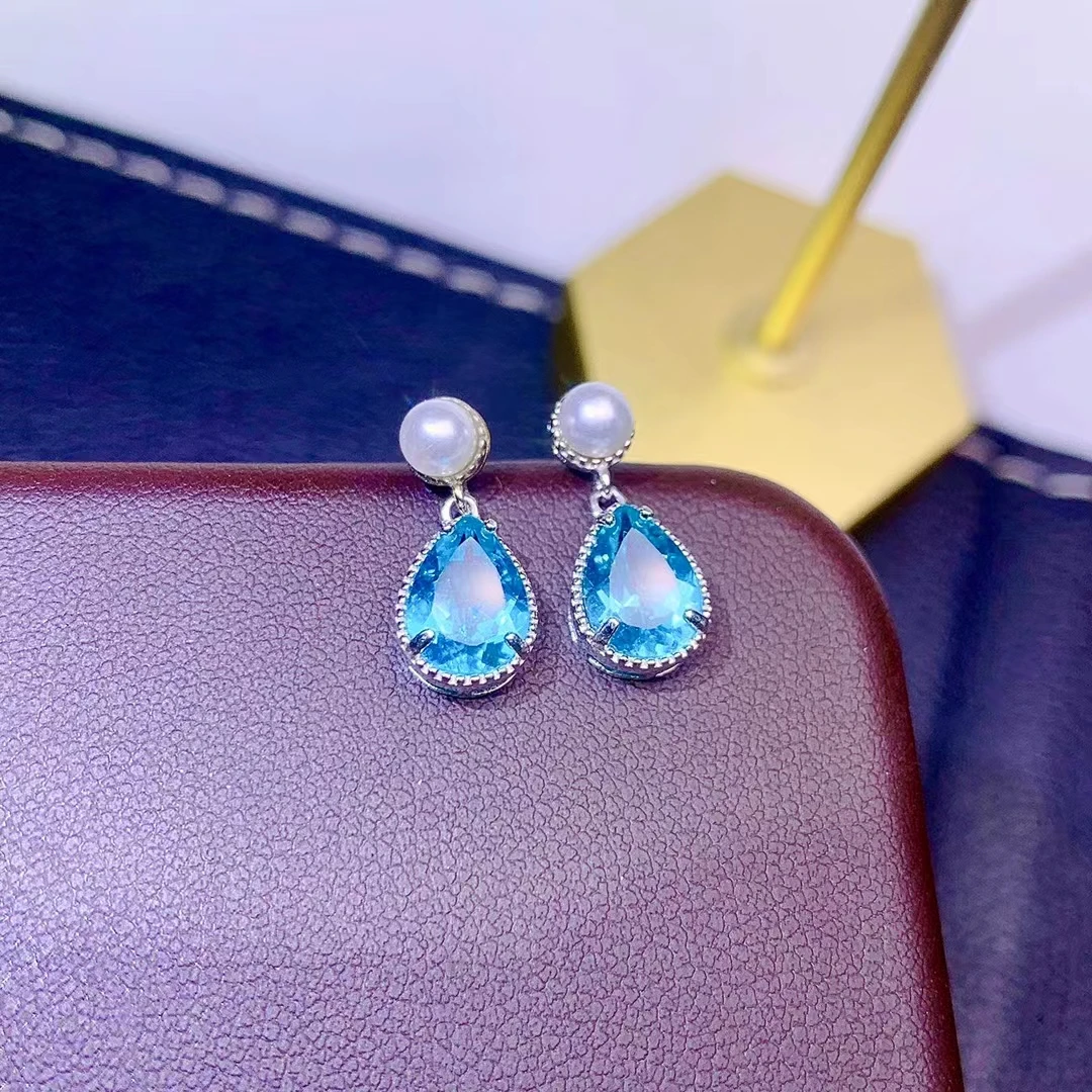 Fine Jewelry 925 Pure Silver Chinese Style Natural Apatite Girl Luxury Popular Pearl Water Drop Gem Earrings Ear Stud Support De